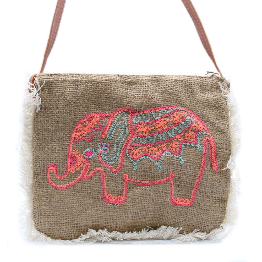 Fab Fringe Umhängetasche aus Jute – Handbestickte Schultertasche im Boho-Design
