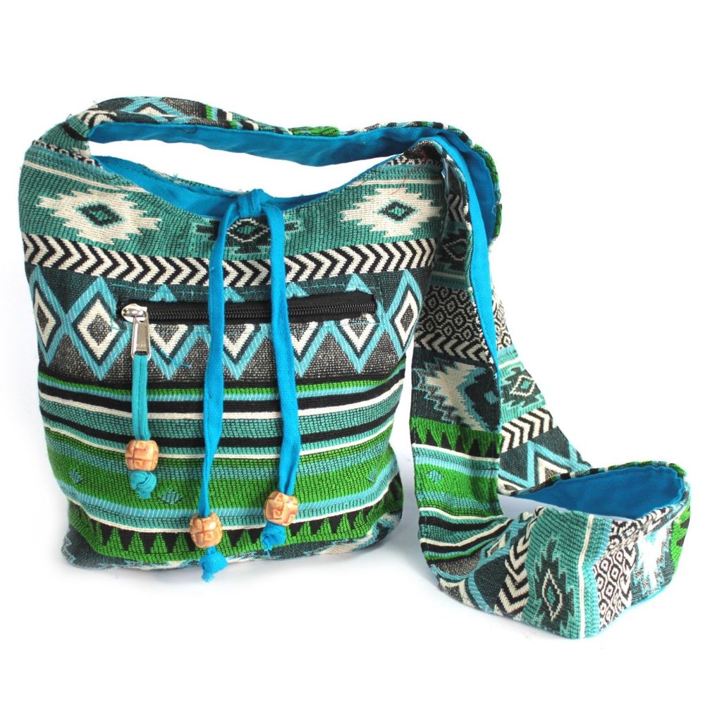 Teal Jacquard Sling Bag mit Ethno-Design – Stylische Umhängetasche für Reisen