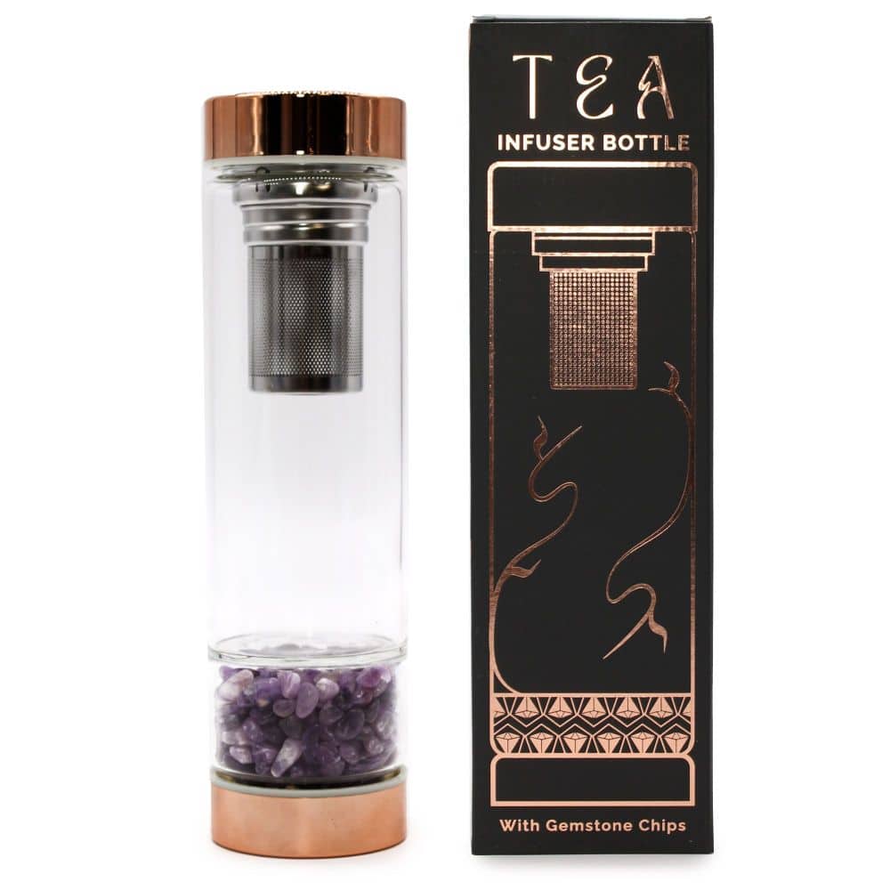 Teeflasche - Trinkflasche aus Kristallglas - mit Teesieb und Edelsteinen - 500ml