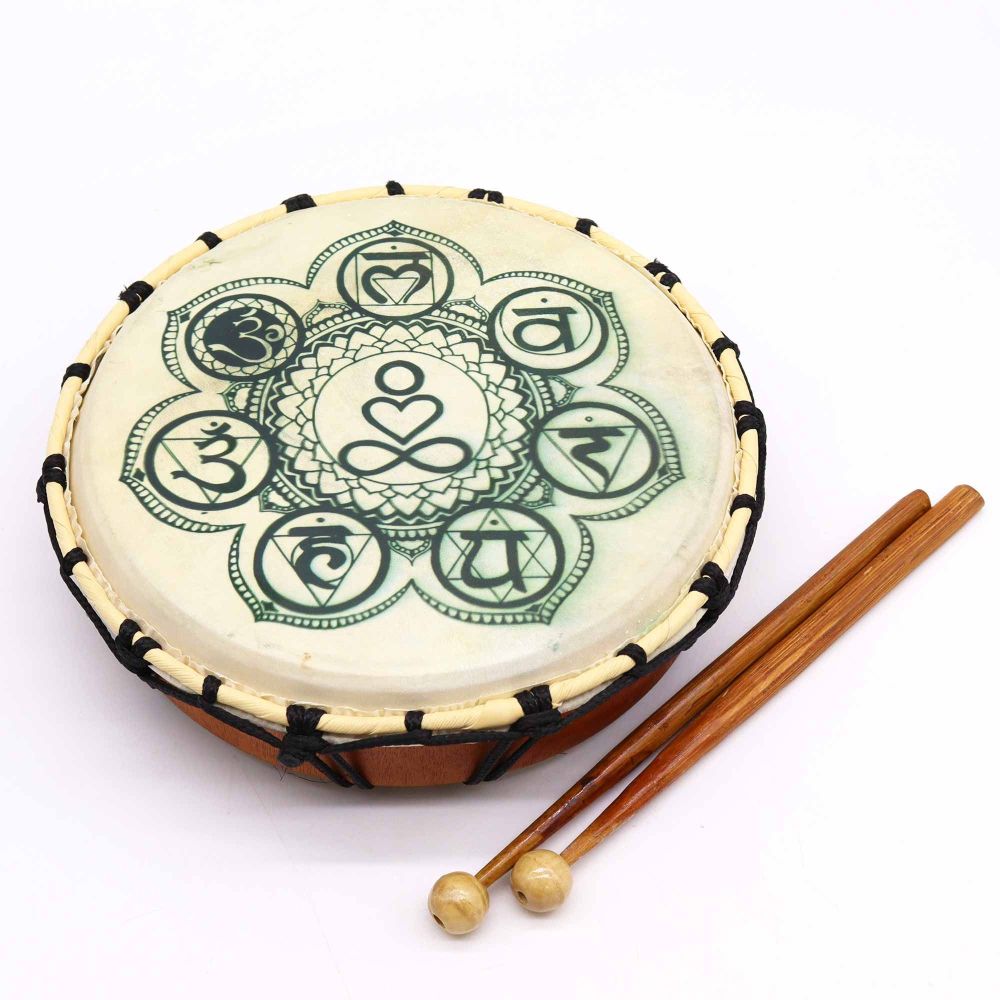 Handgefertigte Schamanische Trommel mit Chakra-Motiv – 25 cm, inkl. Schlägel