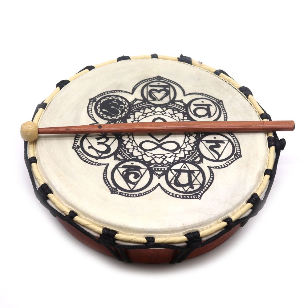 Handgefertigte Schamanische Trommel mit Chakra-Motiv – 25 cm, inkl. Schlägel