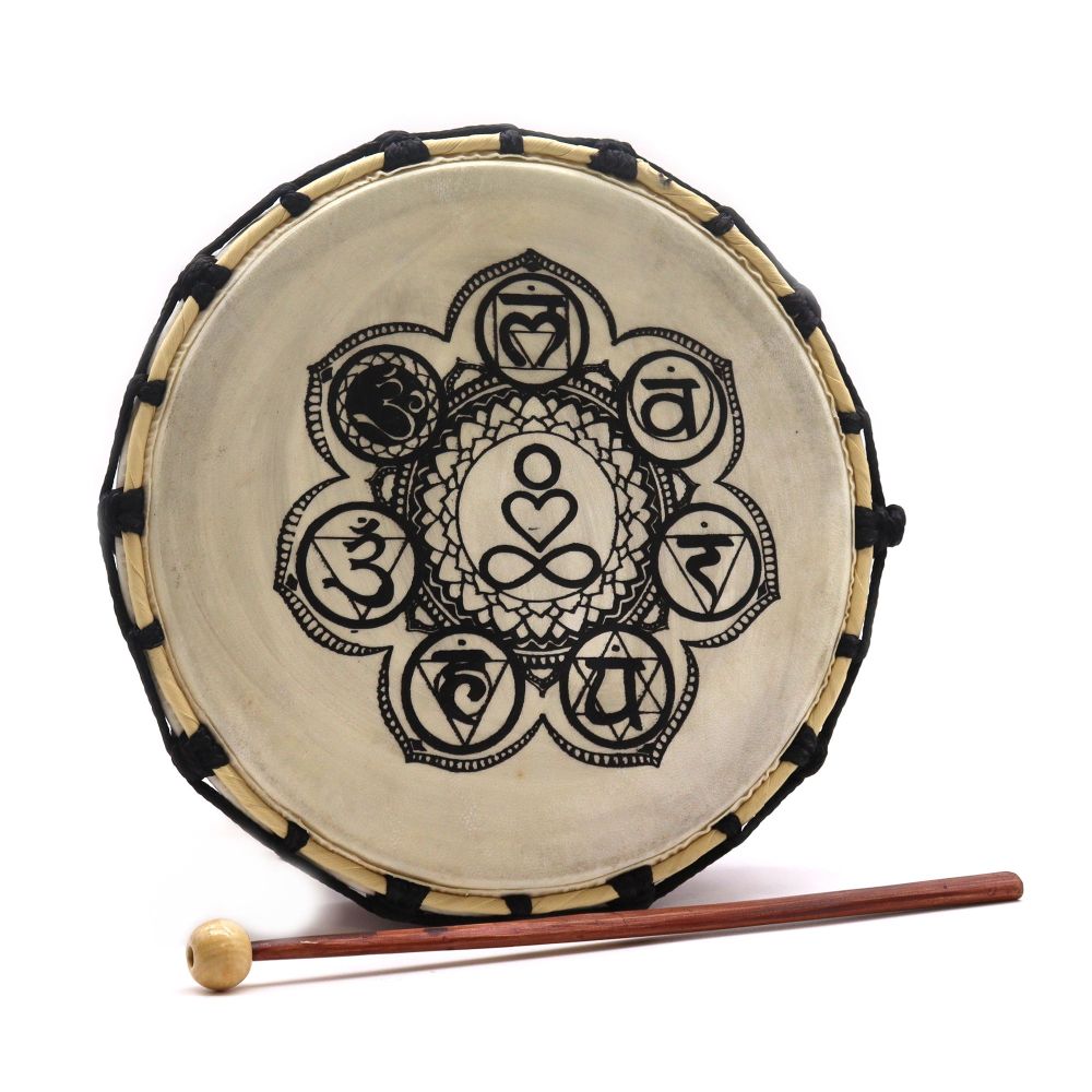 Handgefertigte Schamanische Trommel mit Chakra-Motiv – 25 cm, inkl. Schlägel