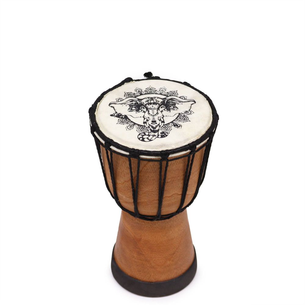 Handgefertigte Djembe-Trommel mit Elefantenmotiv – 20 cm - Musikinstrument