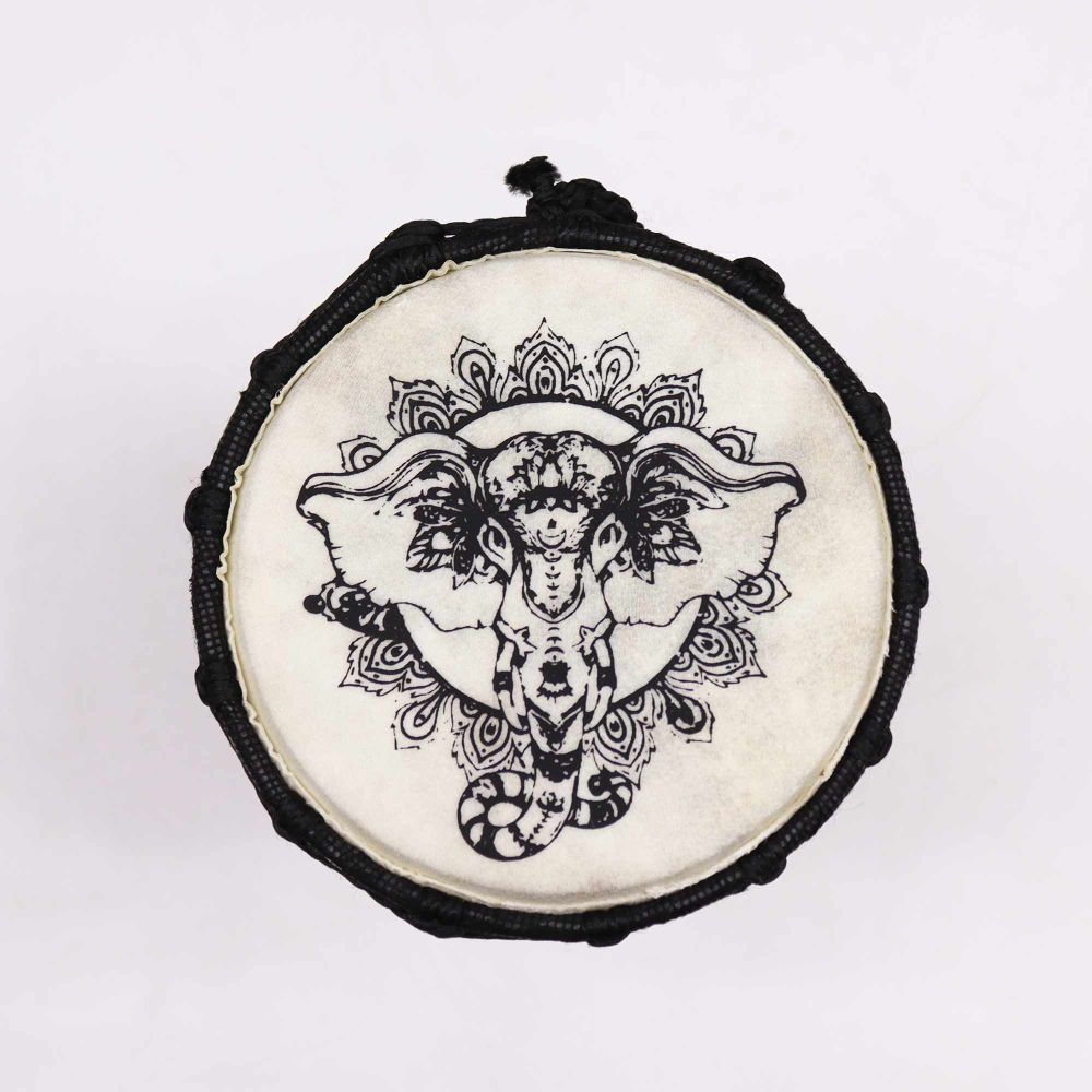 Handgefertigte Djembe-Trommel mit Elefantenmotiv – 20 cm - Musikinstrument