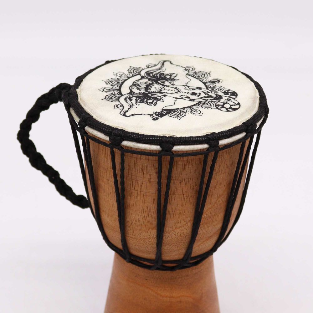 Handgefertigte Djembe-Trommel mit Elefantenmotiv – 20 cm - Musikinstrument