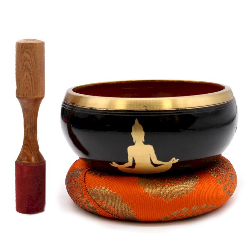Großes Meditations-Klangschalen-Set - Buddha-Motiv – Schale, Doppelstock, Kissen