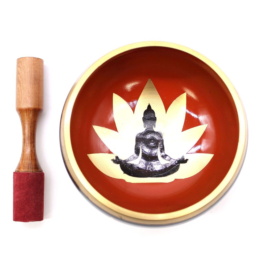 Großes Meditations-Klangschalen-Set - Buddha-Motiv – Schale, Doppelstock, Kissen