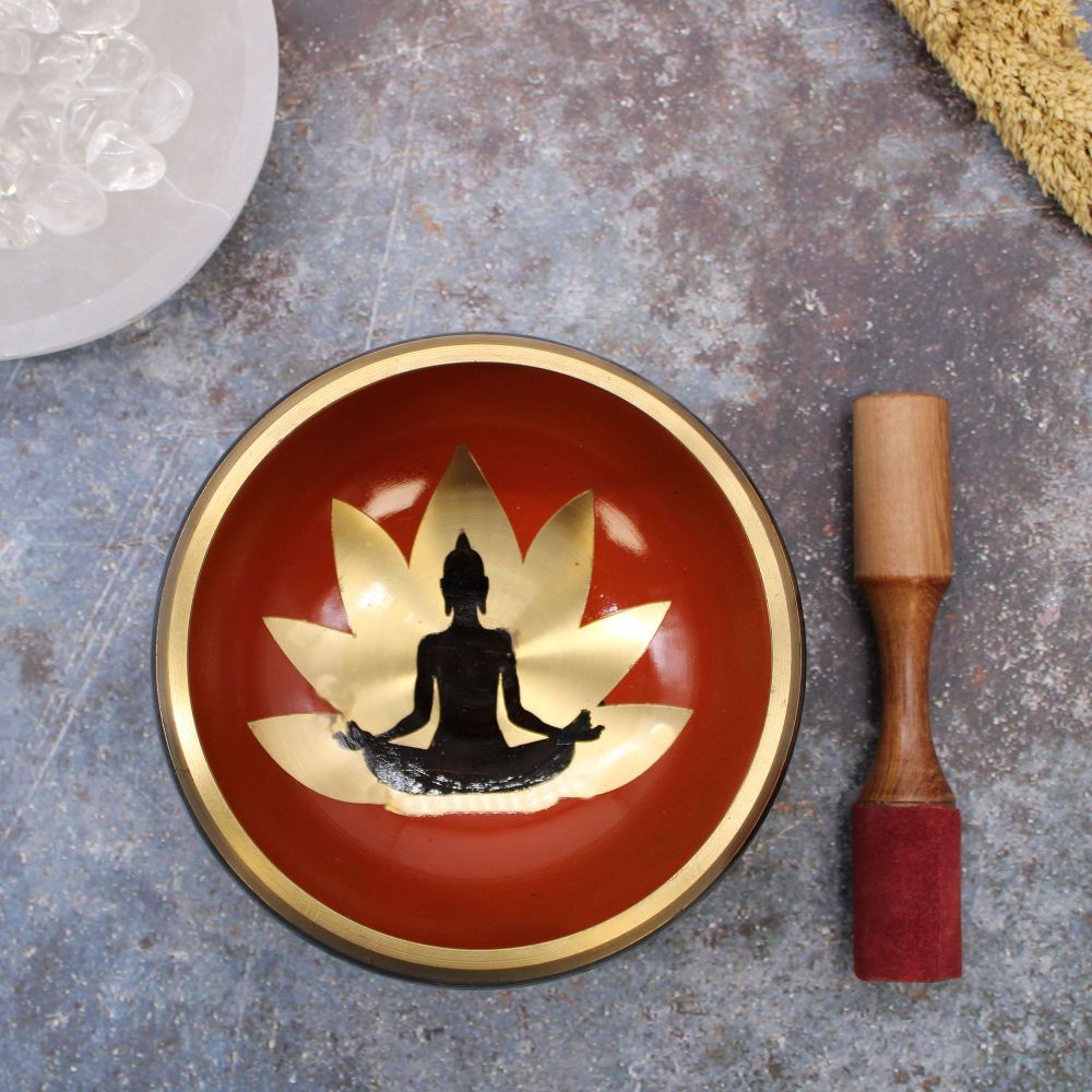 Großes Meditations-Klangschalen-Set - Buddha-Motiv – Schale, Doppelstock, Kissen