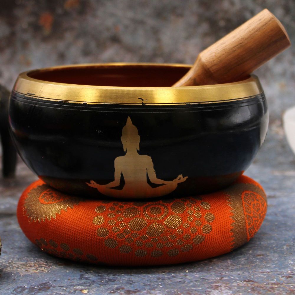 Großes Meditations-Klangschalen-Set - Buddha-Motiv – Schale, Doppelstock, Kissen