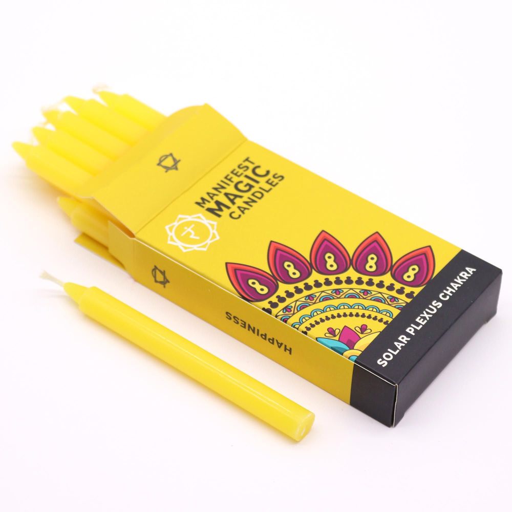 Solar Plexus Chakra Kerzen-Set – 12 gelbe Stickkerzen für mentale Stärke