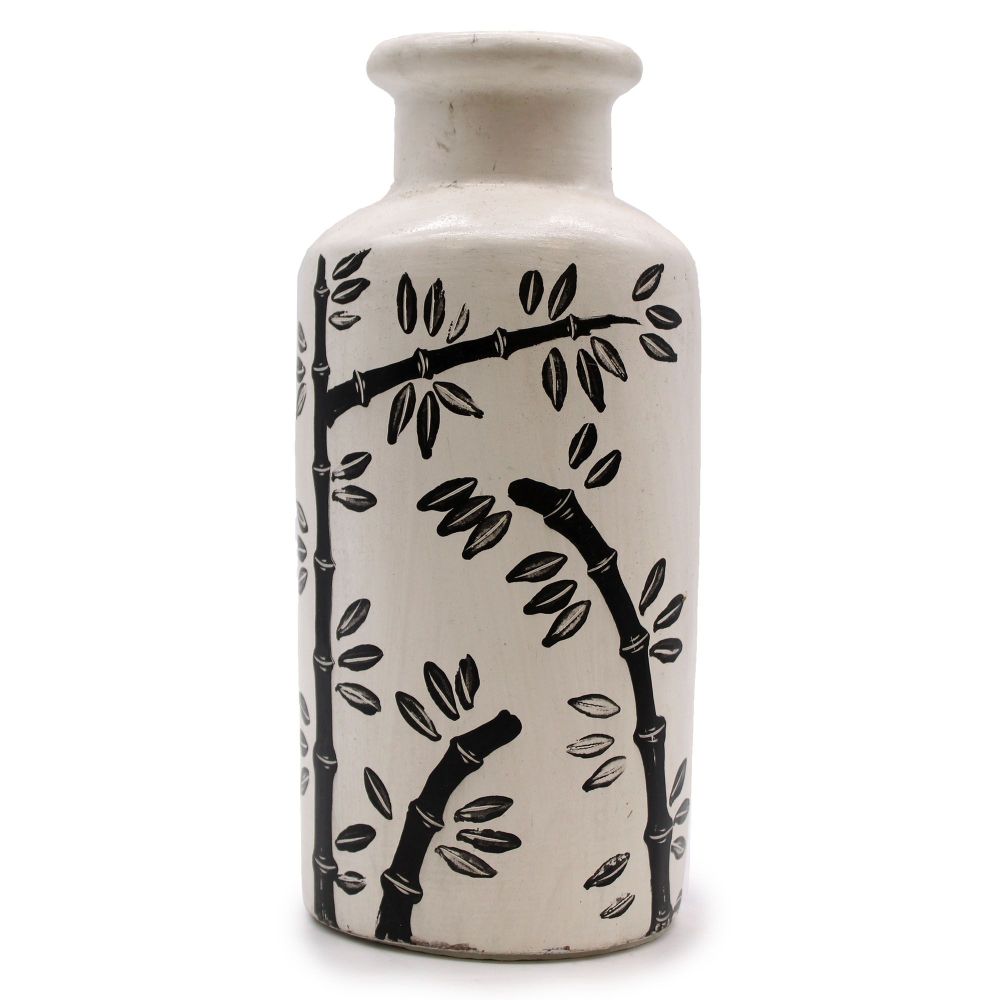 Terrakotta-Vase „Bamboo Motif Straight“ – Naturton mit Bambusrelief - Handarbeit