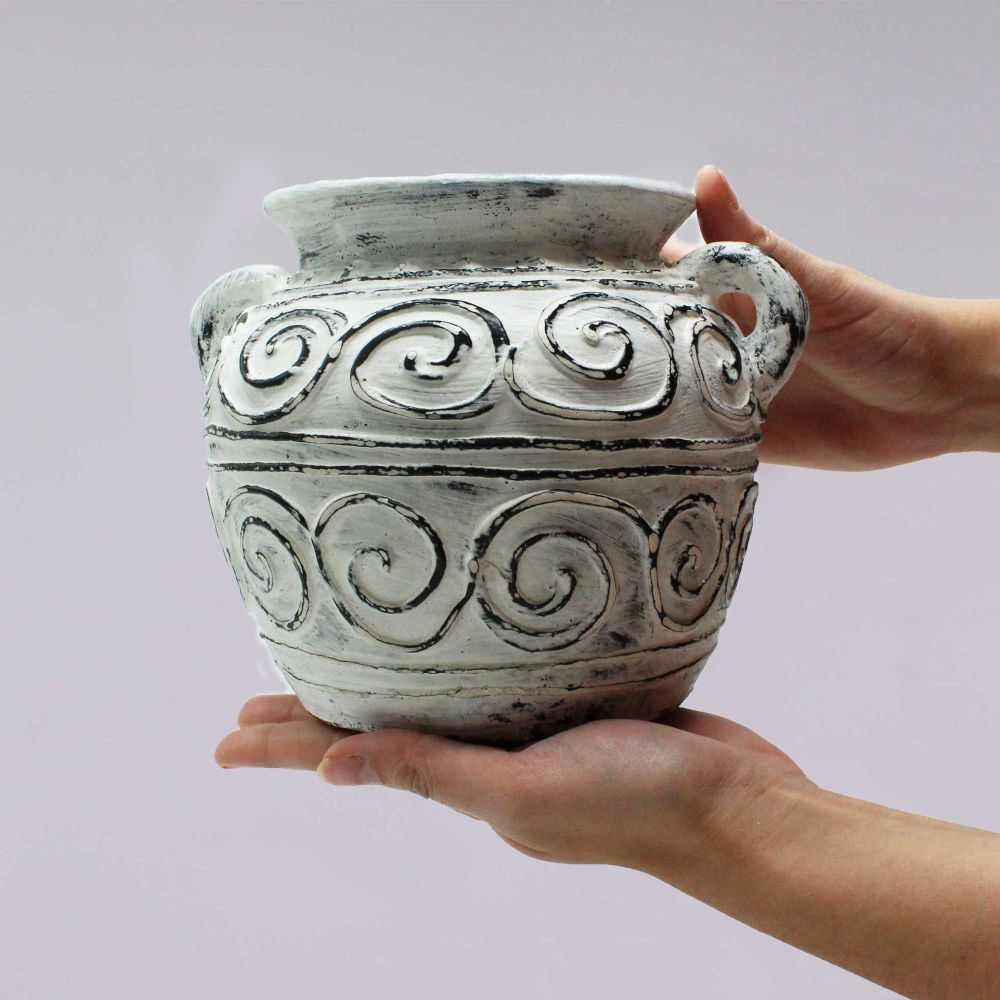 Greek Clay Plant Pot mit Henkel – cremefarben, handgefertigt, klassisches Design