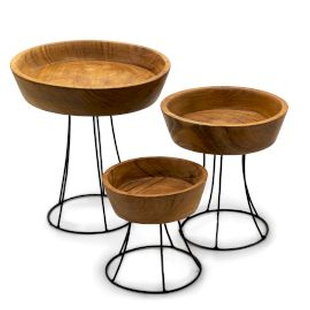 Teakholz Schalen-Set 3-teilig – dekorative Holzschalen auf eleganten Metallfüßen