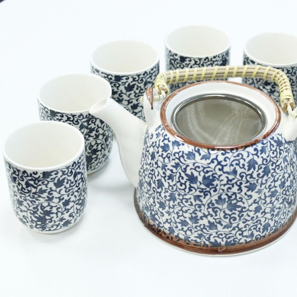 Keramik-Teeset „Blue Pattern“ - Teekanne mit Metallsieb im Deckel & sechs Cups