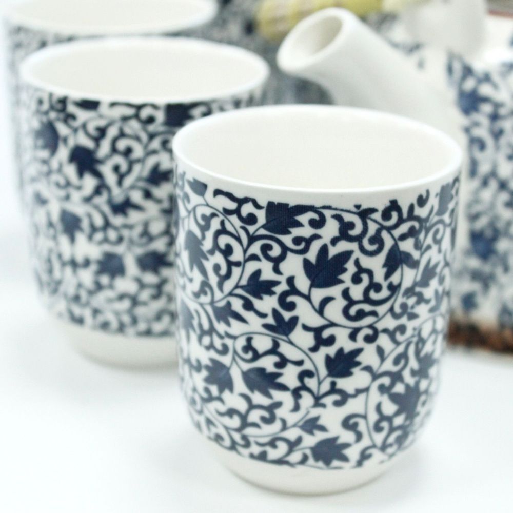 Keramik-Teeset „Blue Pattern“ - Teekanne mit Metallsieb im Deckel & sechs Cups