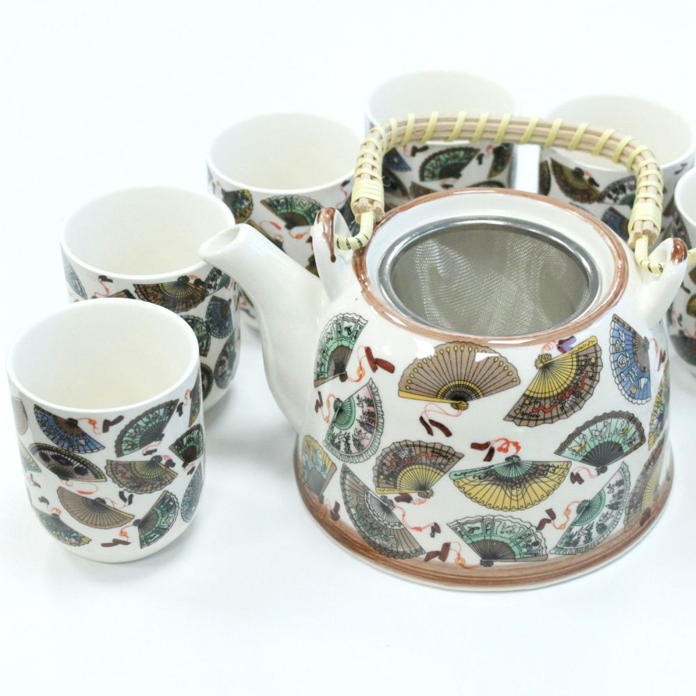 Herbal Teapot Set „China Fans“ – Keramikkanne mit Sieb & 6 Tassen im Set