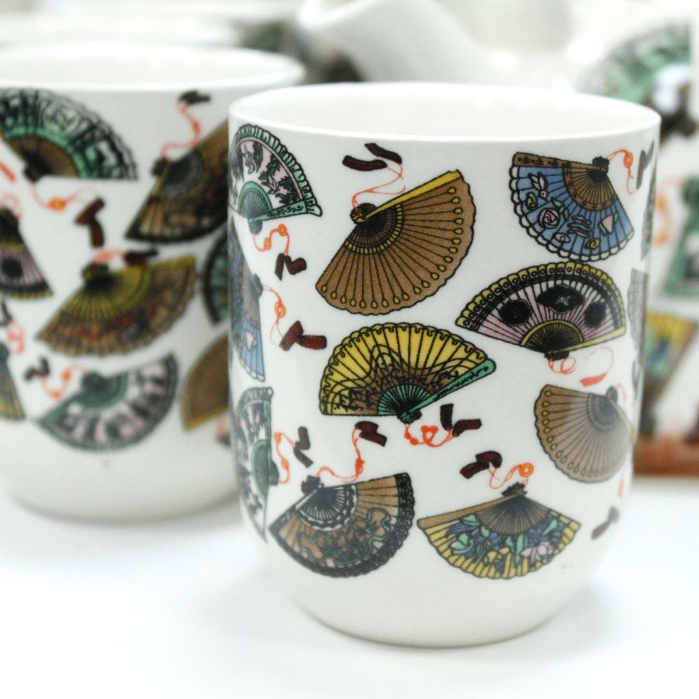 Herbal Teapot Set „China Fans“ – Keramikkanne mit Sieb & 6 Tassen im Set