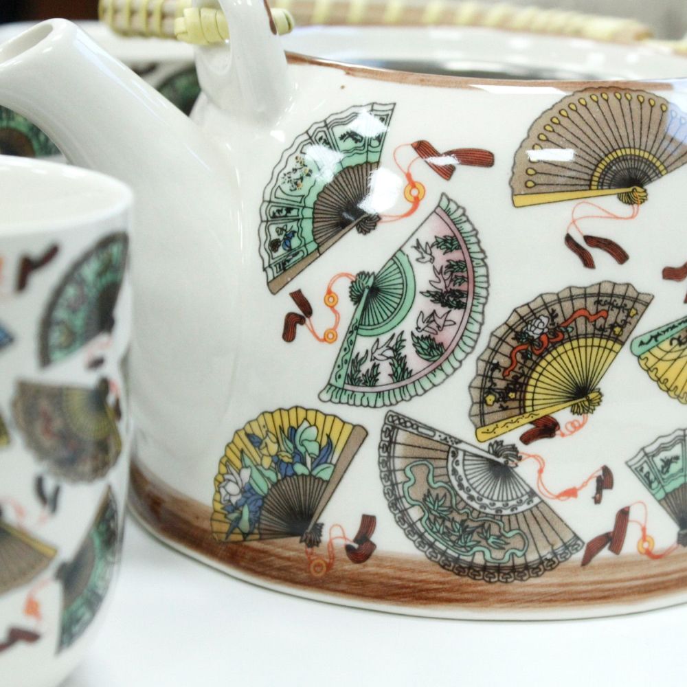 Herbal Teapot Set „China Fans“ – Keramikkanne mit Sieb & 6 Tassen im Set