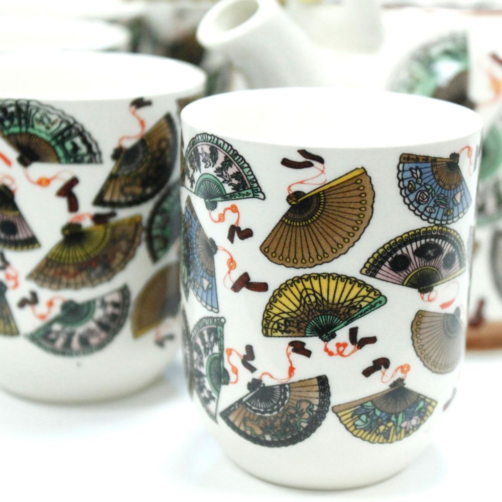 Herbal Teapot Set „China Fans“ – Keramikkanne mit Sieb & 6 Tassen im Set