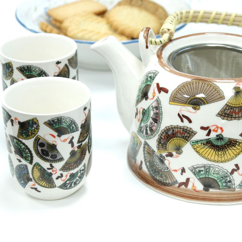 Herbal Teapot Set „China Fans“ – Keramikkanne mit Sieb & 6 Tassen im Set