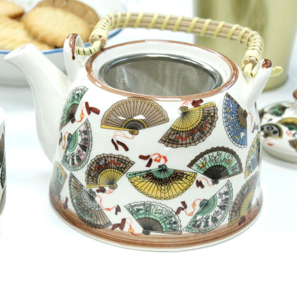 Herbal Teapot Set „China Fans“ – Keramikkanne mit Sieb & 6 Tassen im Set