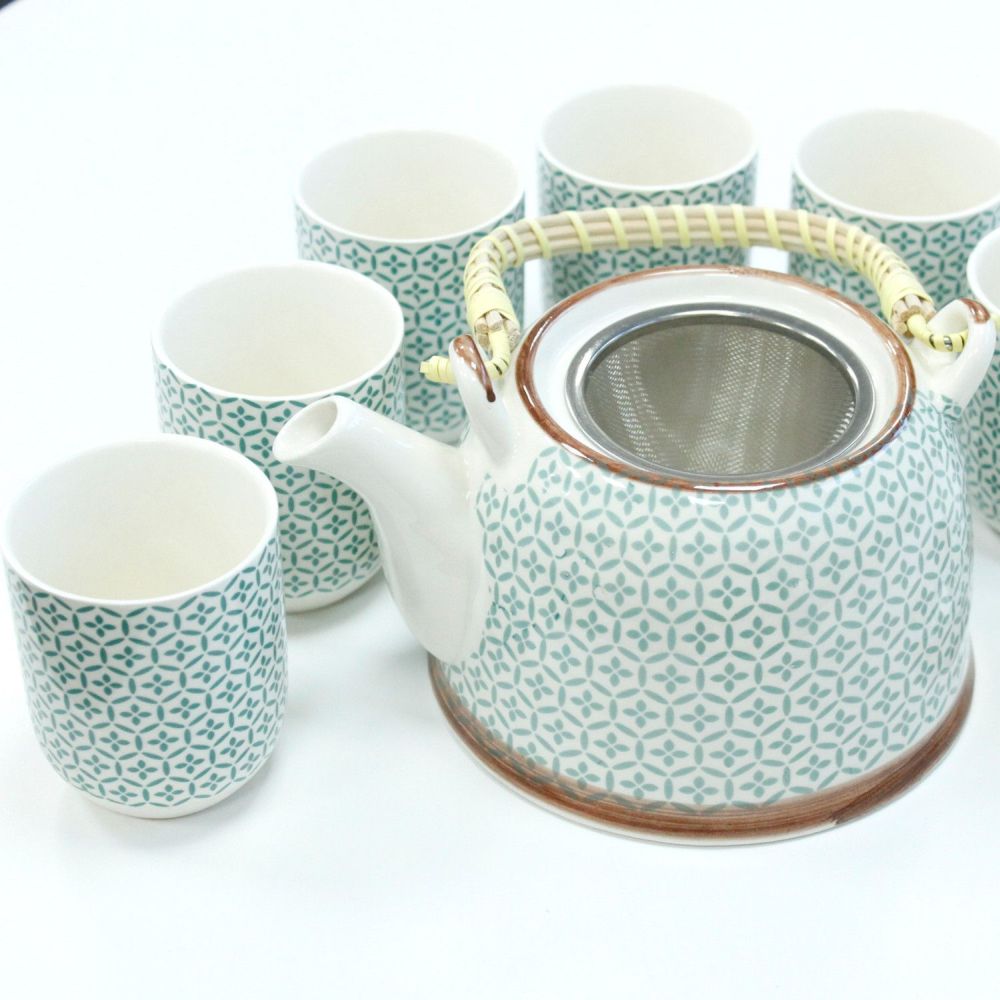 Keramik-Teeset „Green Mosaic“ – inklusive Teekanne mit Sieb und sechs Cups