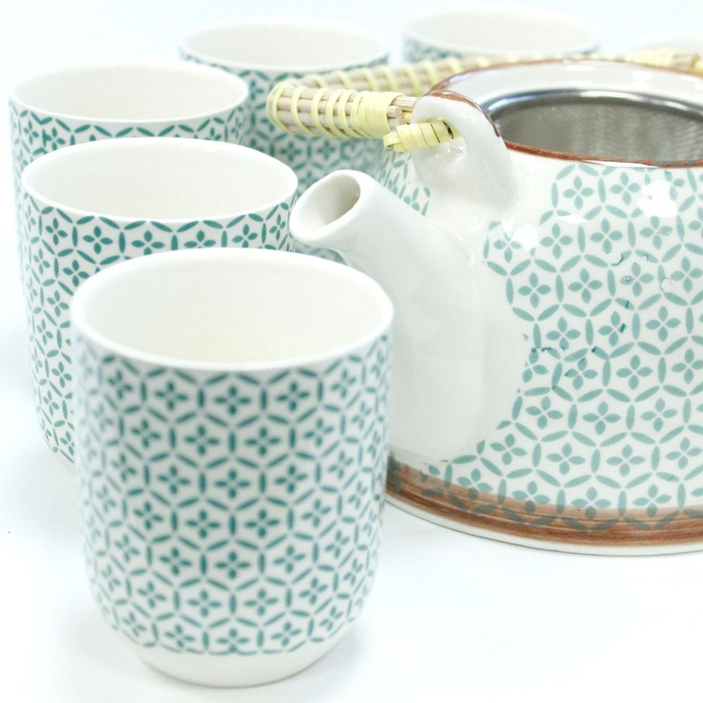 Keramik-Teeset „Green Mosaic“ – inklusive Teekanne mit Sieb und sechs Cups