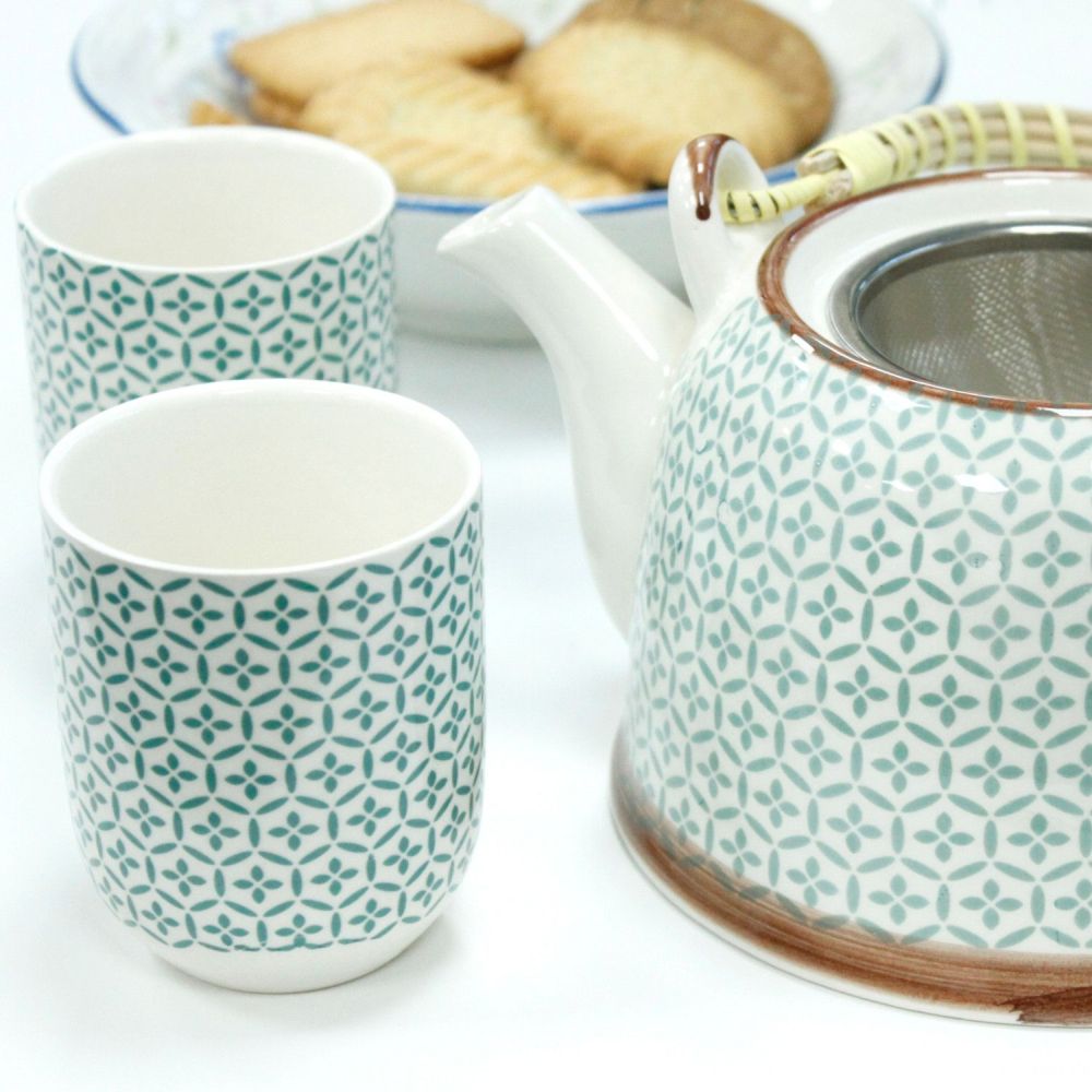 Keramik-Teeset „Green Mosaic“ – inklusive Teekanne mit Sieb und sechs Cups