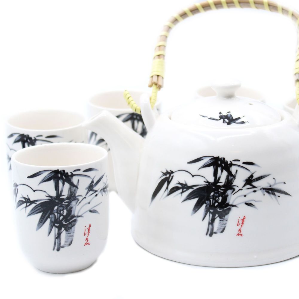 Keramik-Teeset „White Stone Oriental“ – Keramikkanne mit Sieb & 6 passenden Cups