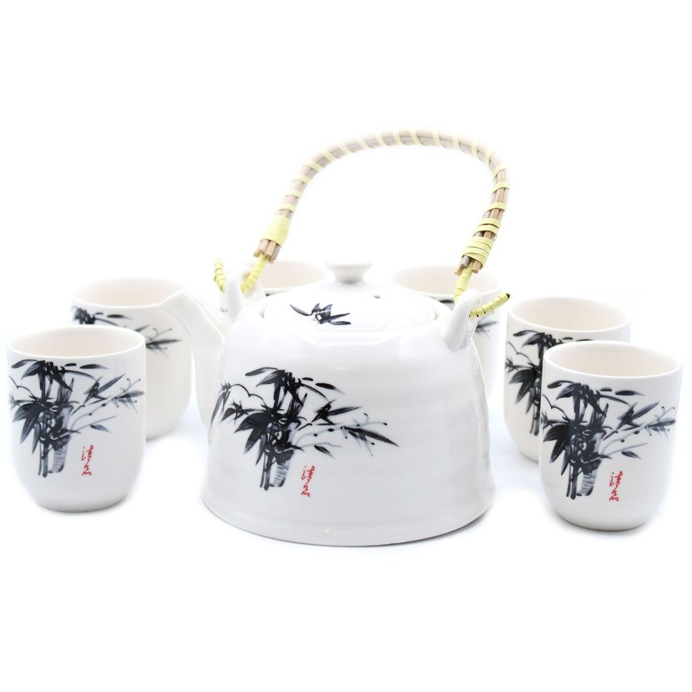 Keramik-Teeset „White Stone Oriental“ – Keramikkanne mit Sieb & 6 passenden Cups