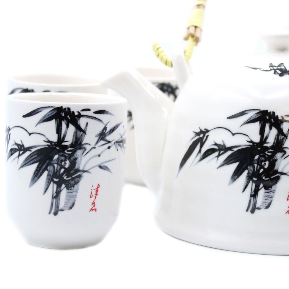 Keramik-Teeset „White Stone Oriental“ – Keramikkanne mit Sieb & 6 passenden Cups