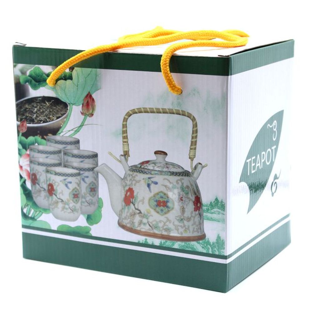 Keramik-Teeset „White Stone Oriental“ – Keramikkanne mit Sieb & 6 passenden Cups