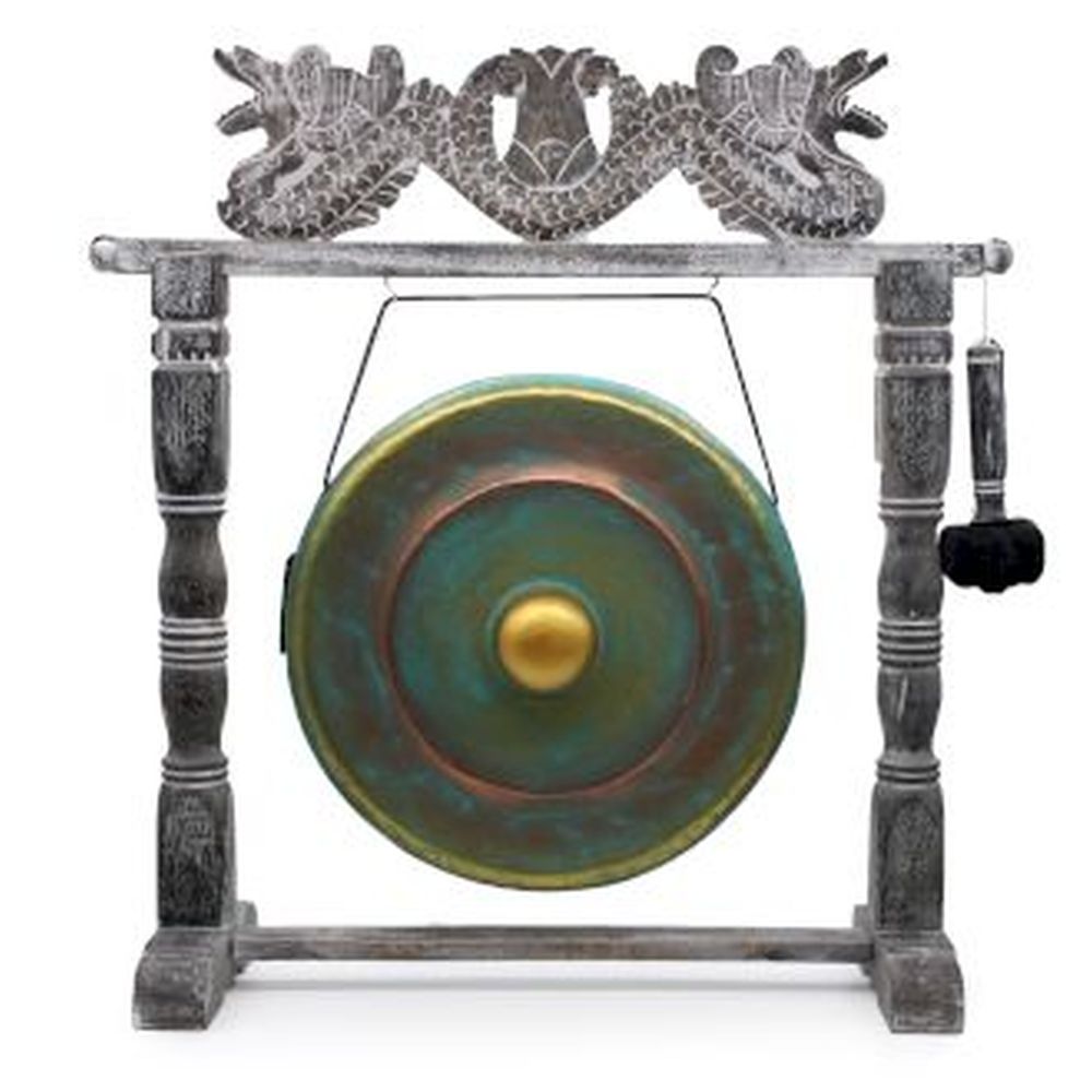 Medium Healing Gong im Holzständer – Greenwash, Handarbeit aus Bali, Ø 50 cm