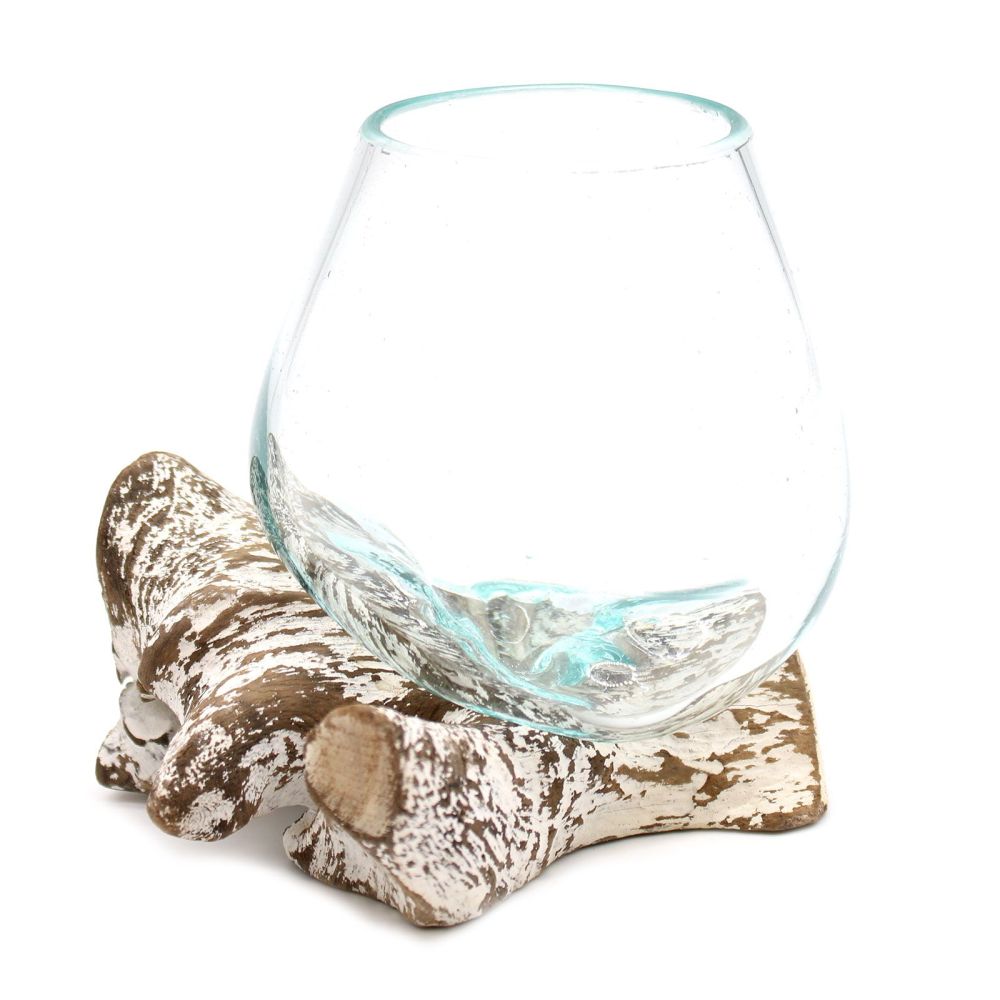 Exklusive Deko Schale Glas-Holz – mittelgroße Schale auf Whitewash-Sockel