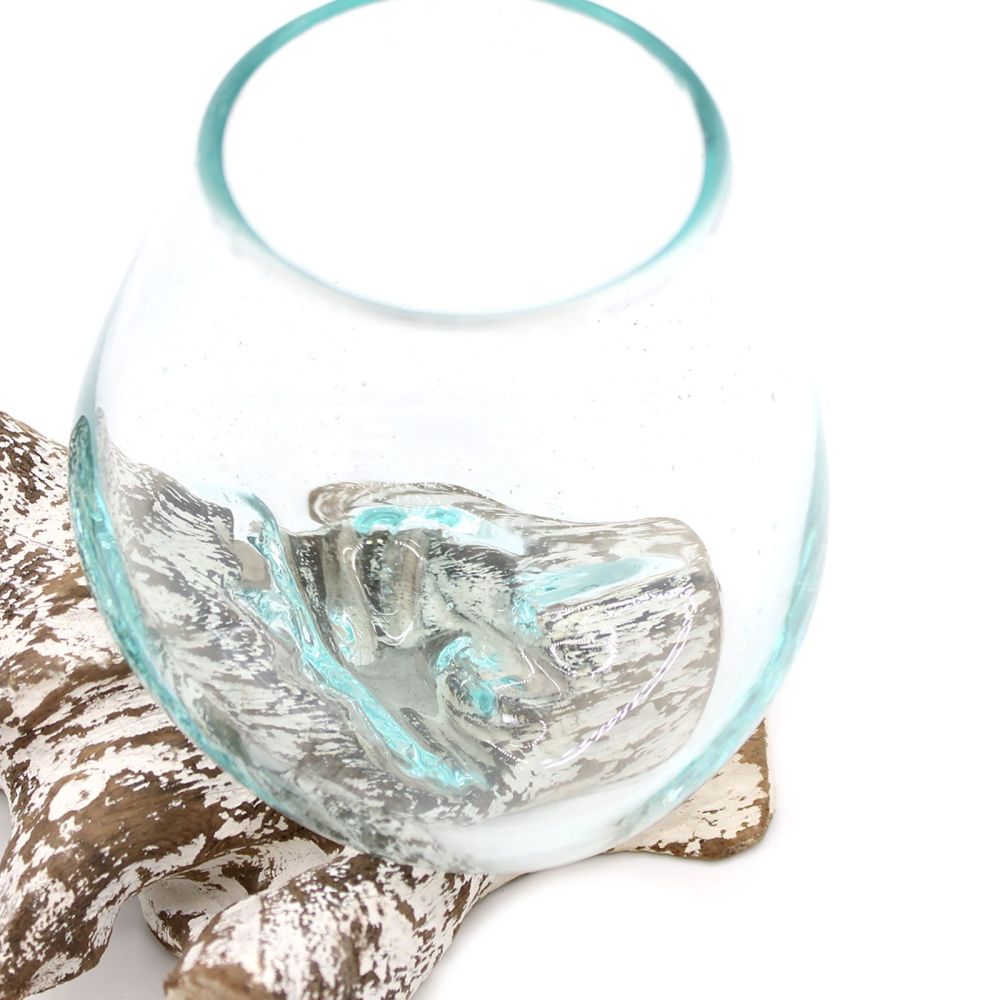 Exklusive Deko Schale Glas-Holz – mittelgroße Schale auf Whitewash-Sockel