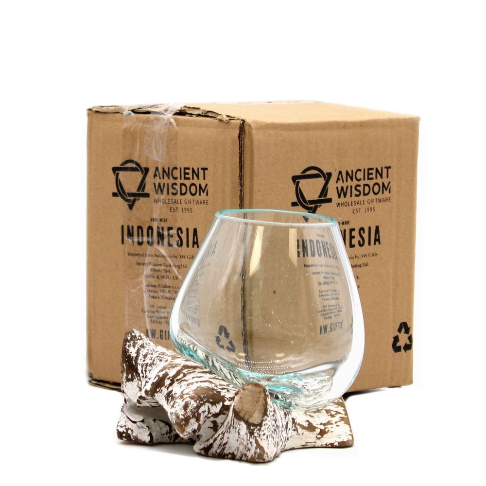 Exklusive Deko Schale Glas-Holz – mittelgroße Schale auf Whitewash-Sockel