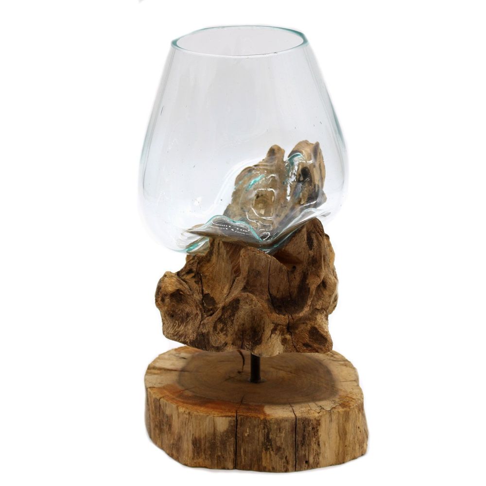 Handgemachte Glas-Schale auf Holzständer - tolle, einmalige Handarbeit von Bali