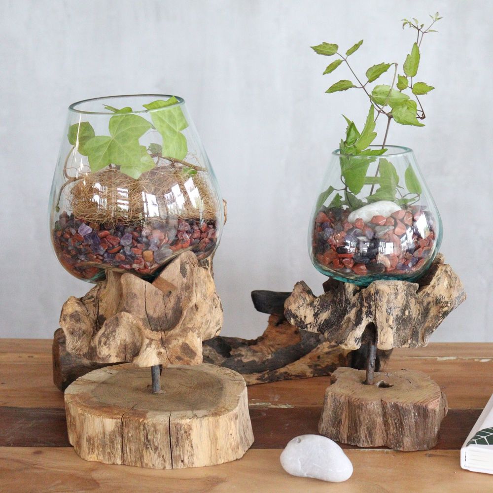 Handgemachte Glas-Schale auf Holzständer - tolle, einmalige Handarbeit von Bali