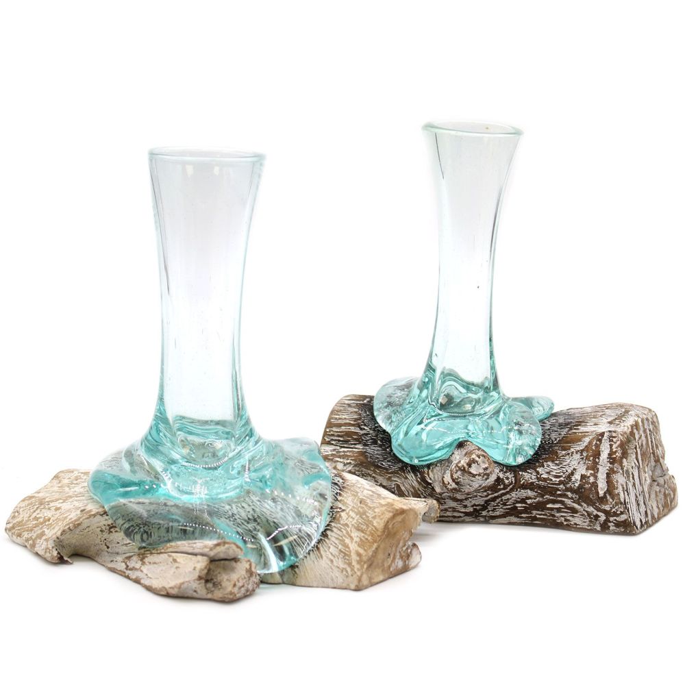 Glas on Wood - Kleine handgefertigte Glasvase auf Holz - dekorative Vase - Bali