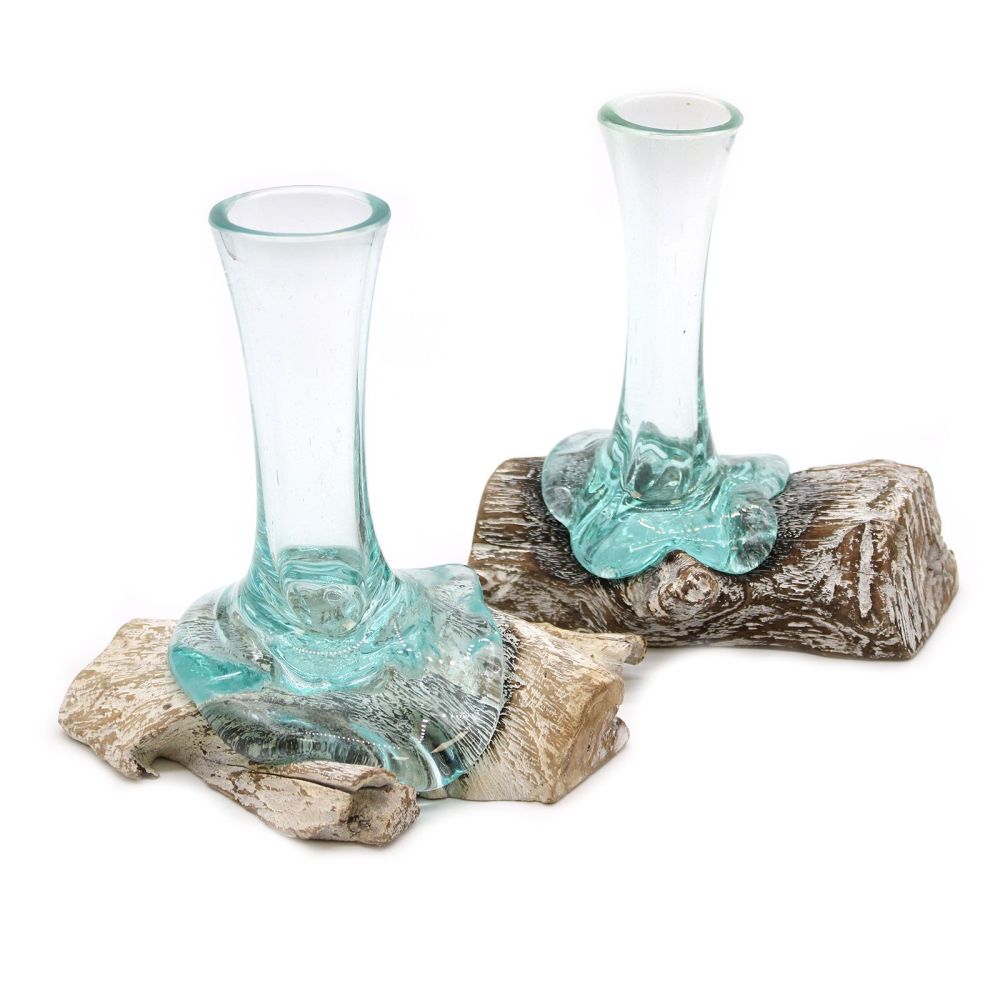 Glas on Wood - Kleine handgefertigte Glasvase auf Holz - dekorative Vase - Bali