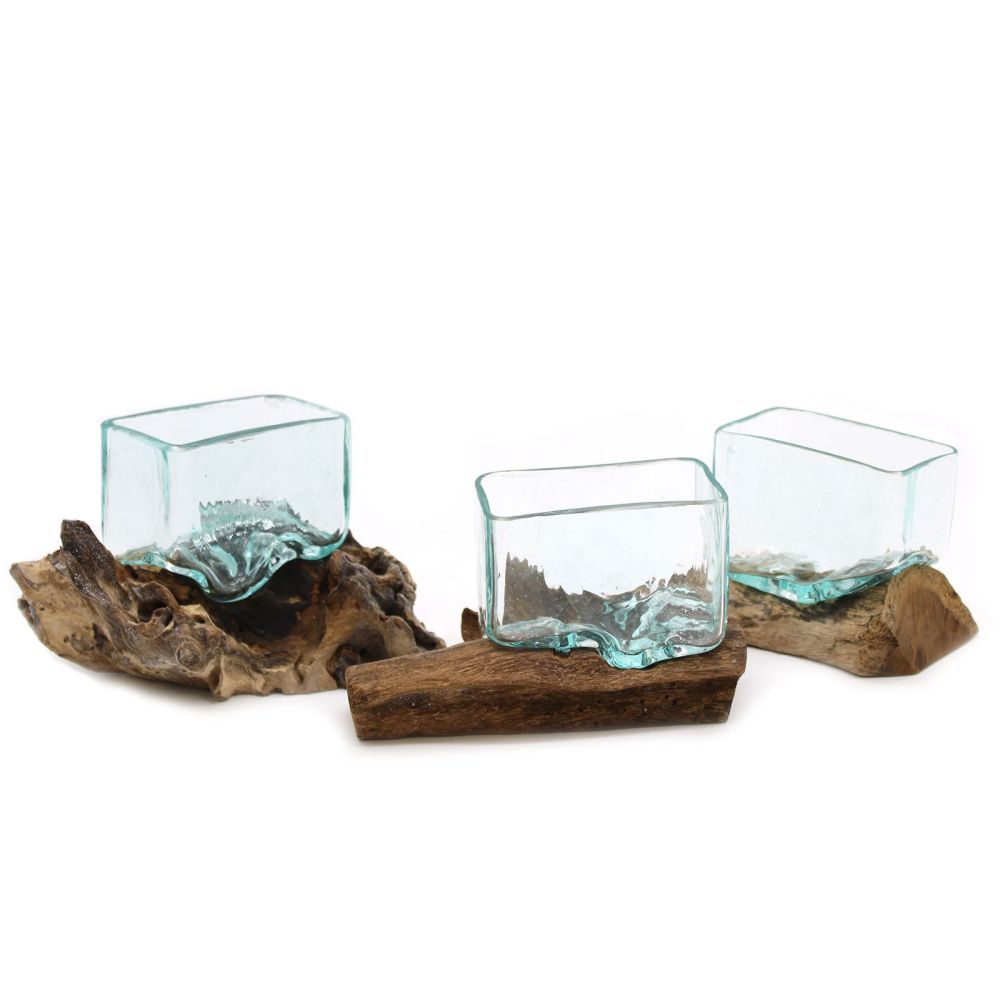 Kleine Design Schale Glas auf Holz – dekorative Bowl mit Holzständer, Unikat