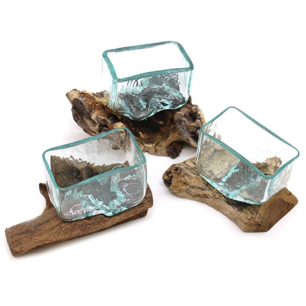Kleine Design Schale Glas auf Holz – dekorative Bowl mit Holzständer, Unikat