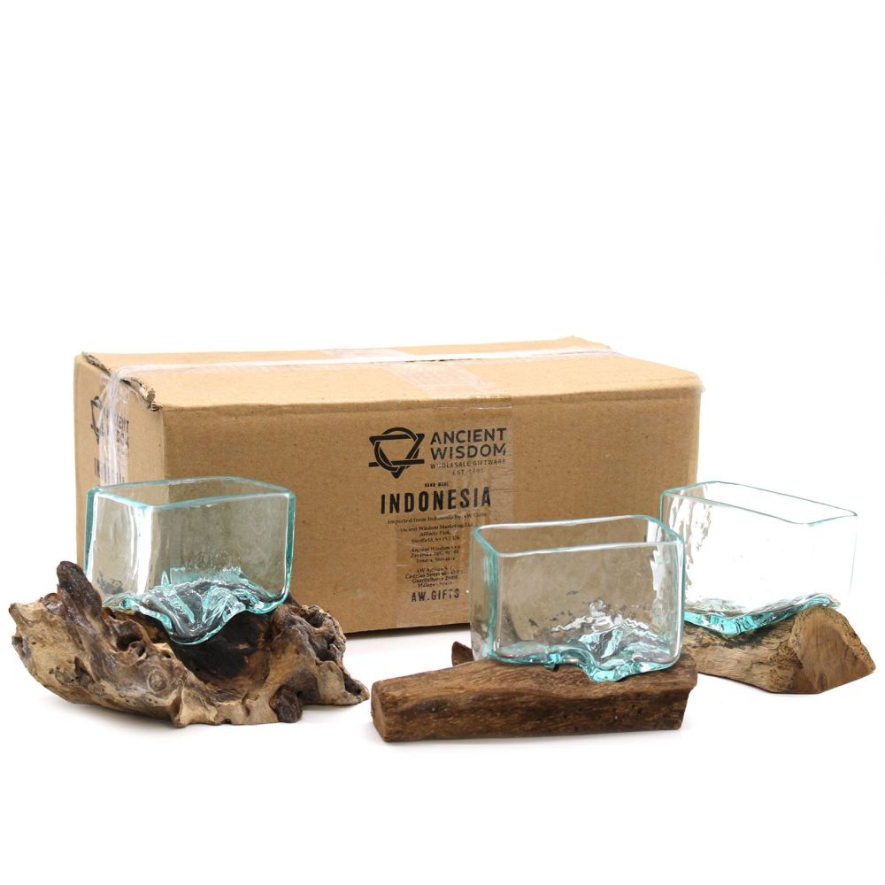 Kleine Design Schale Glas auf Holz – dekorative Bowl mit Holzständer, Unikat