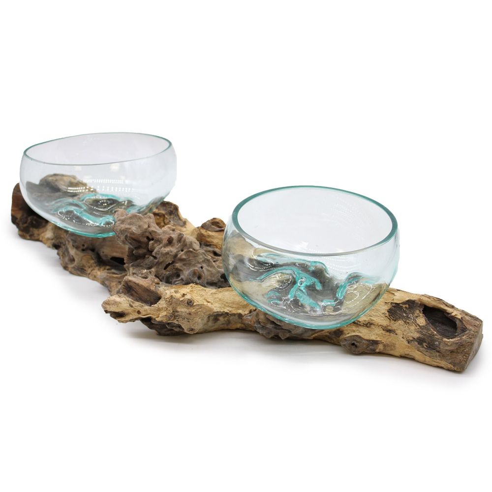 Geschenkidee - exklusive XL Molten-Glasvase auf Gamal-Holzständer - Bali-Unikat