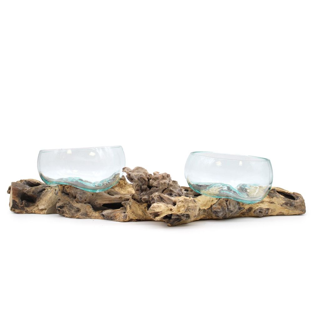 Geschenkidee - exklusive XL Molten-Glasvase auf Gamal-Holzständer - Bali-Unikat