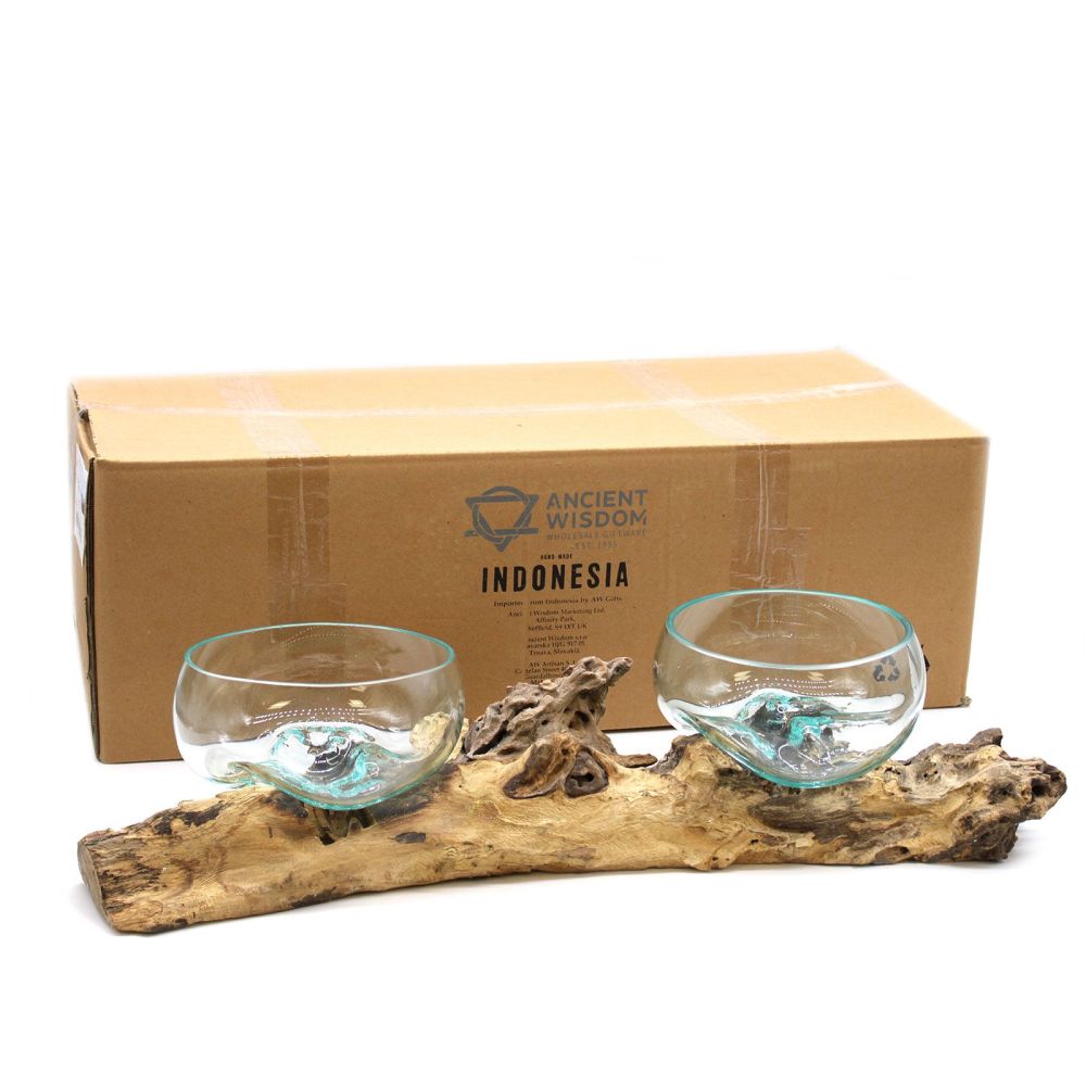 Geschenkidee - exklusive XL Molten-Glasvase auf Gamal-Holzständer - Bali-Unikat