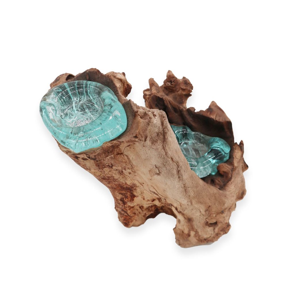 Doppel-Kerzenhalter Glas-Holz – handgefertigte Deko von Bali - für Teelichter