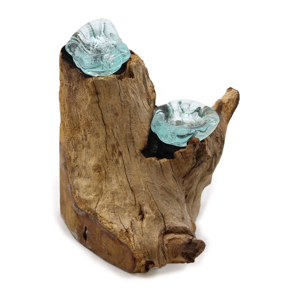 Doppel-Kerzenhalter Glas-Holz – handgefertigte Deko von Bali - für Teelichter