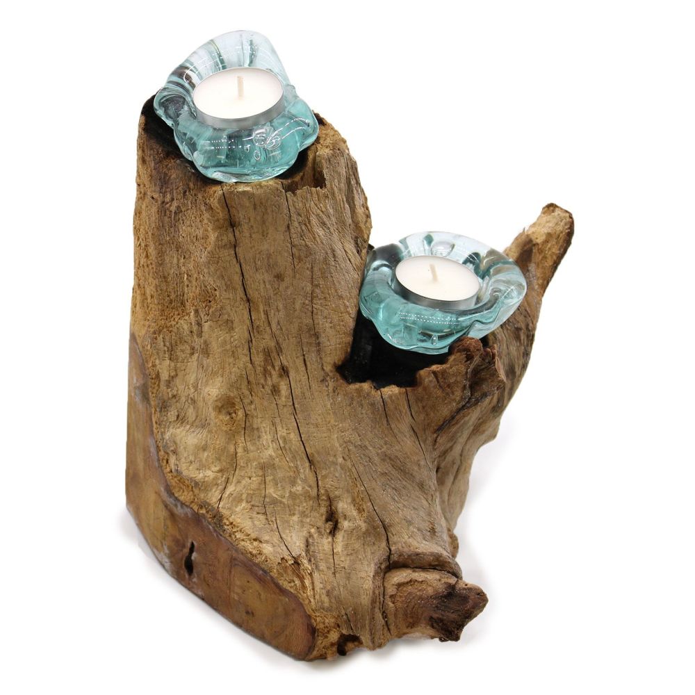 Doppel-Kerzenhalter Glas-Holz – handgefertigte Deko von Bali - für Teelichter