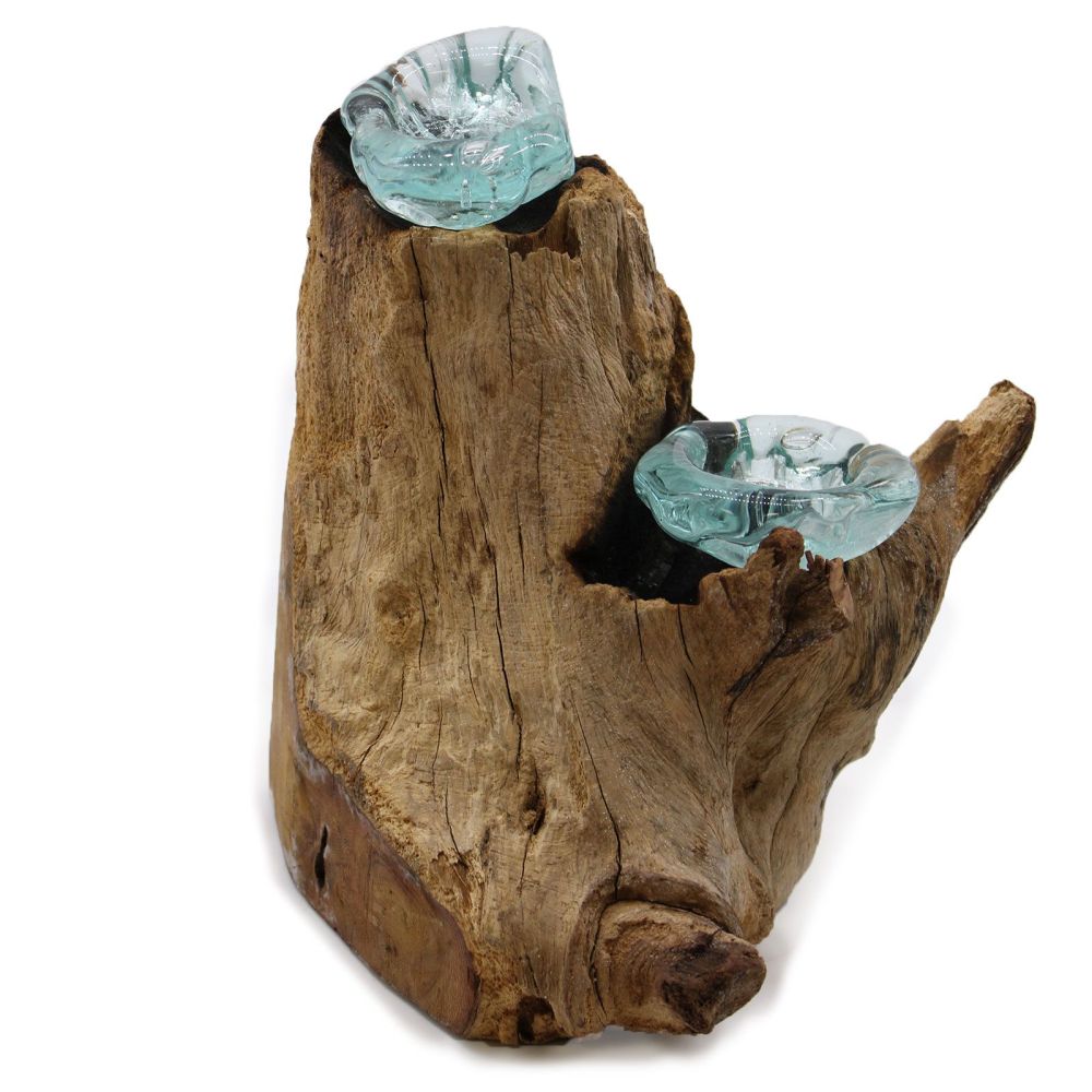 Doppel-Kerzenhalter Glas-Holz – handgefertigte Deko von Bali - für Teelichter